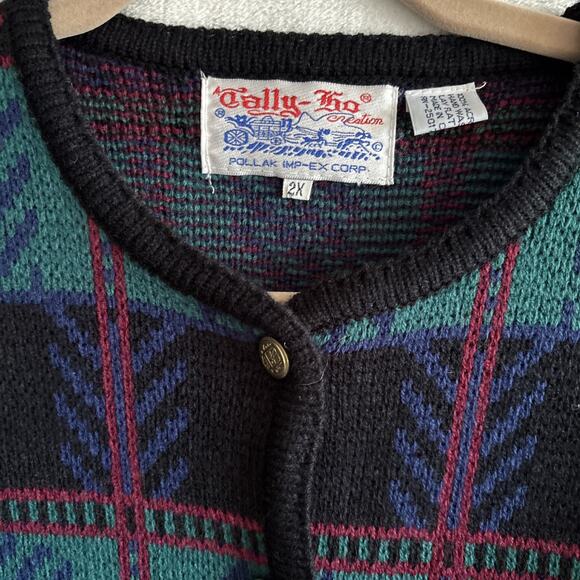 VTG Tally-Ho Sweater Cardigan 2X Gold Button Front Green Plaid Christmas - Picture 2 of 12